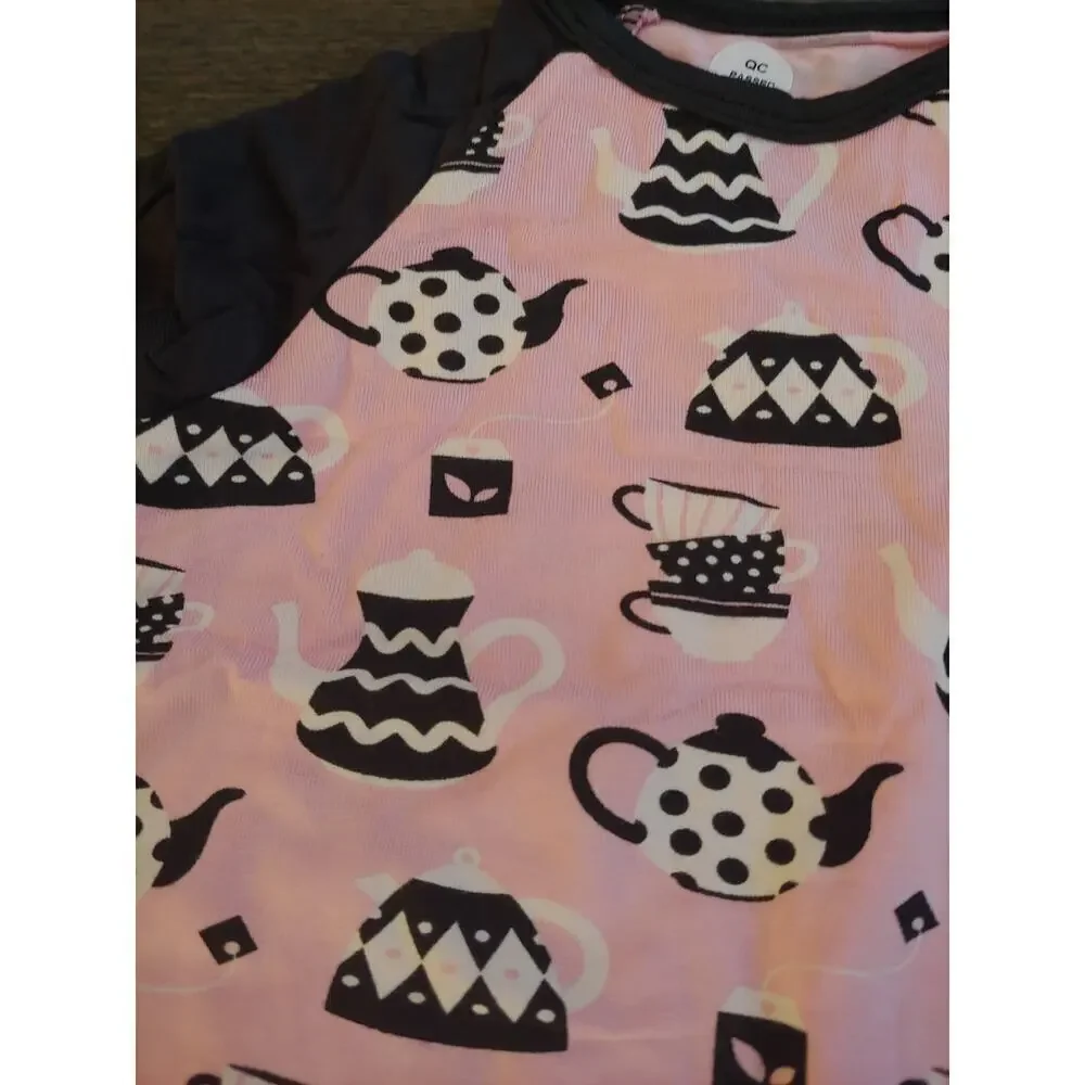 NEW  Kickee Pants Teatime Raglan Romper Pink Tea Pots Size 3-6 months